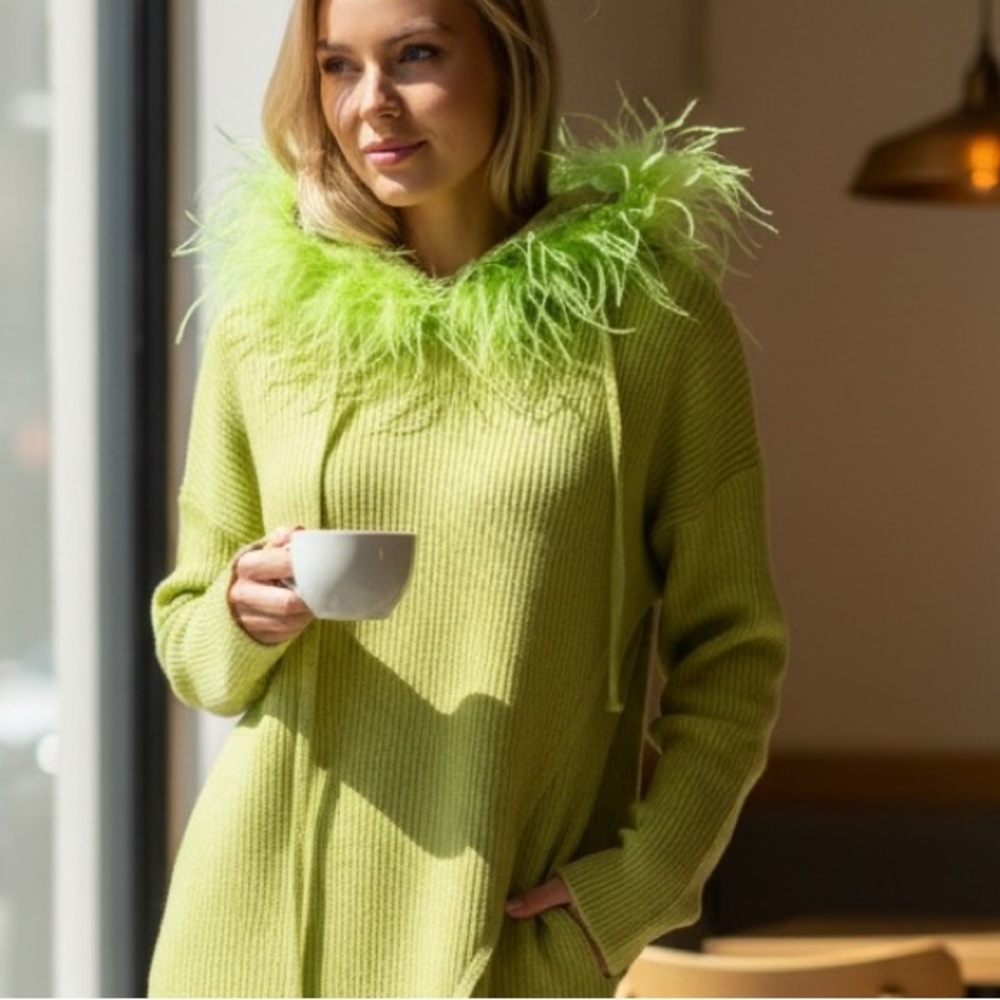 JAYLEY Lime Green Cashmere Blend Hooded Jumper with Feathered Hood new